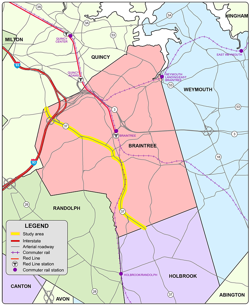 Figure 1 is a map of the study area and surrounding communities and streets.